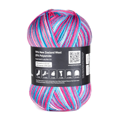 Back-facing image of Sock Flock – Sakura Spring yarn ball on white background, focusing on label and care symbols