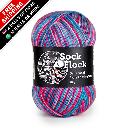 Front-facing hero image of Sock Flock ‘Sakura Spring’ yarn ball, label crisp and colours true on white and free UK delivery on 2 balls or more, free international delivery on 10 balls or more corner flags.