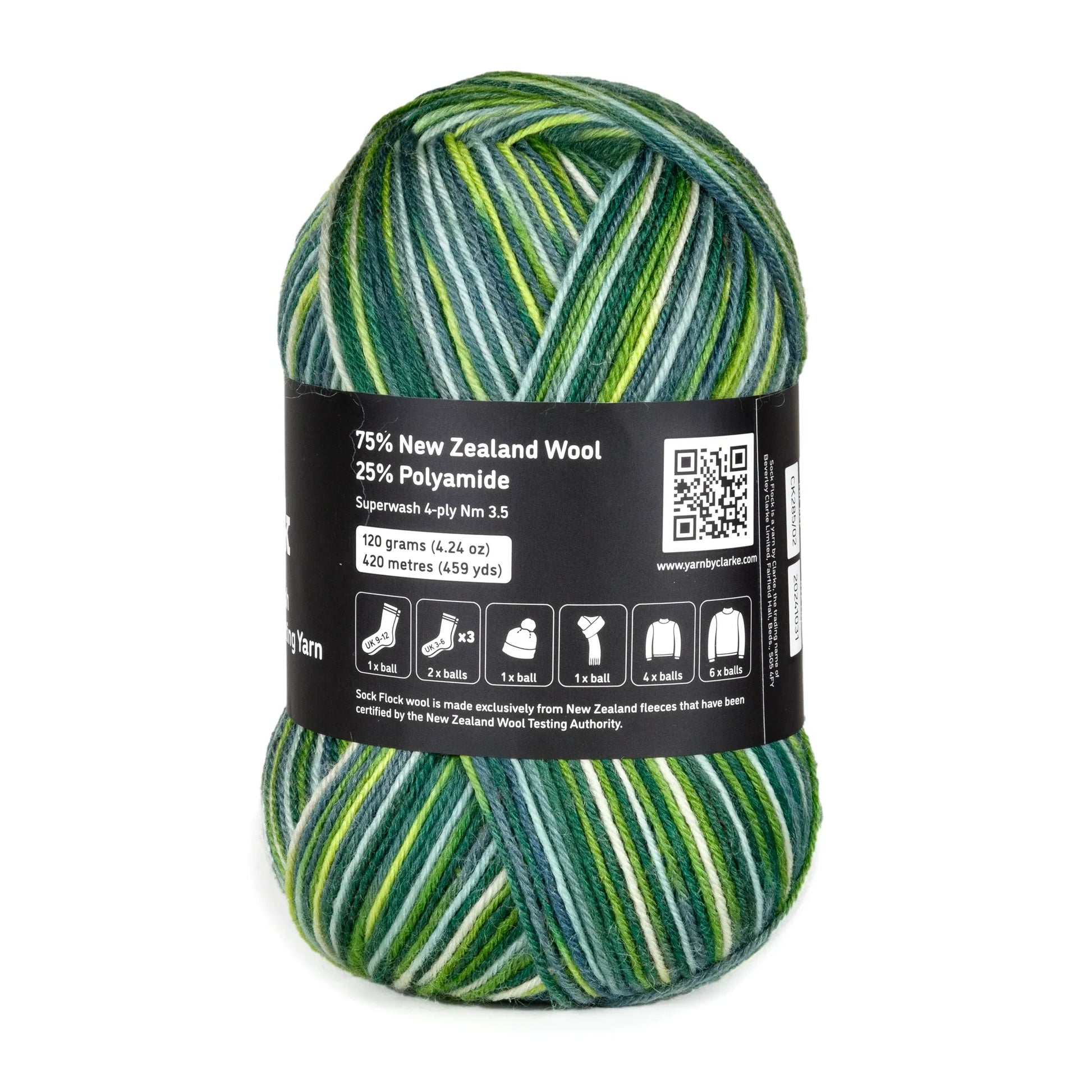 Back view of Sock Flock Wild Pear yarn ball on white background, label displaying fibre content and care