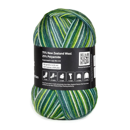 Back view of Sock Flock Wild Pear yarn ball on white background, label displaying fibre content and care