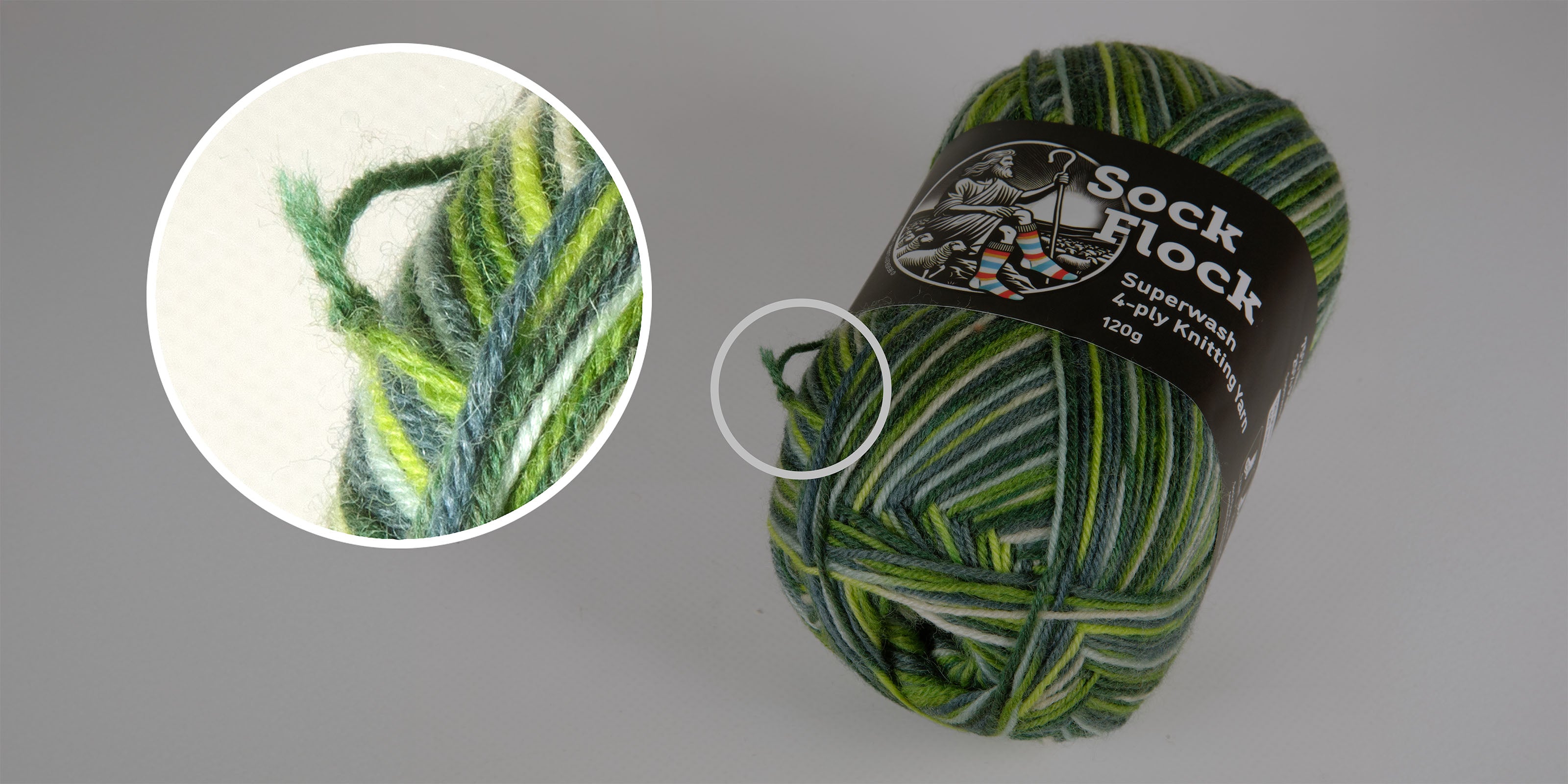 Landscape profile view of a Sock Flock Wild Pear (ref. CK285-02) yarn ball with visible knot highlighted, showing a natural join in the strand.