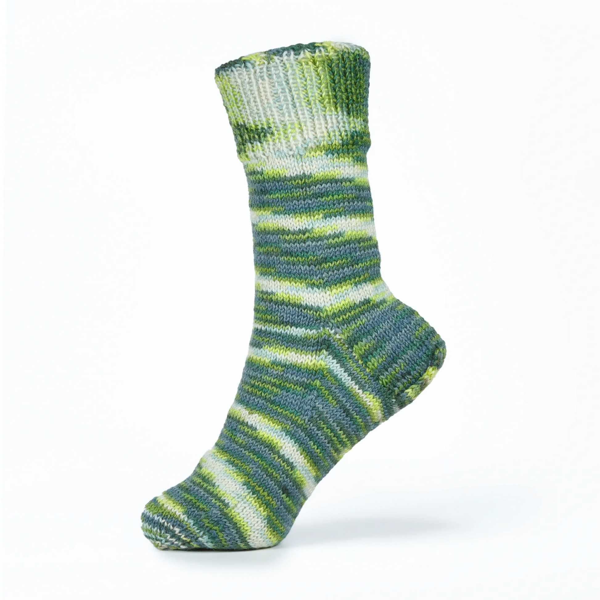 Left sock made from Sock Flock Wild Pear, displayed on a plastic mannequin foot against white background