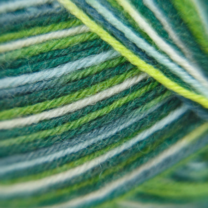 Macro close-up of Sock Flock Wild Pear yarn, showing vibrant multicolour strand twist