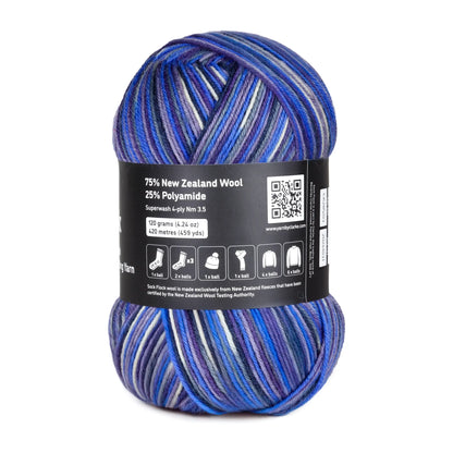 Rear view of Blue Moon yarn ball on white background, clear display of OEKO-TEX® label and product data.