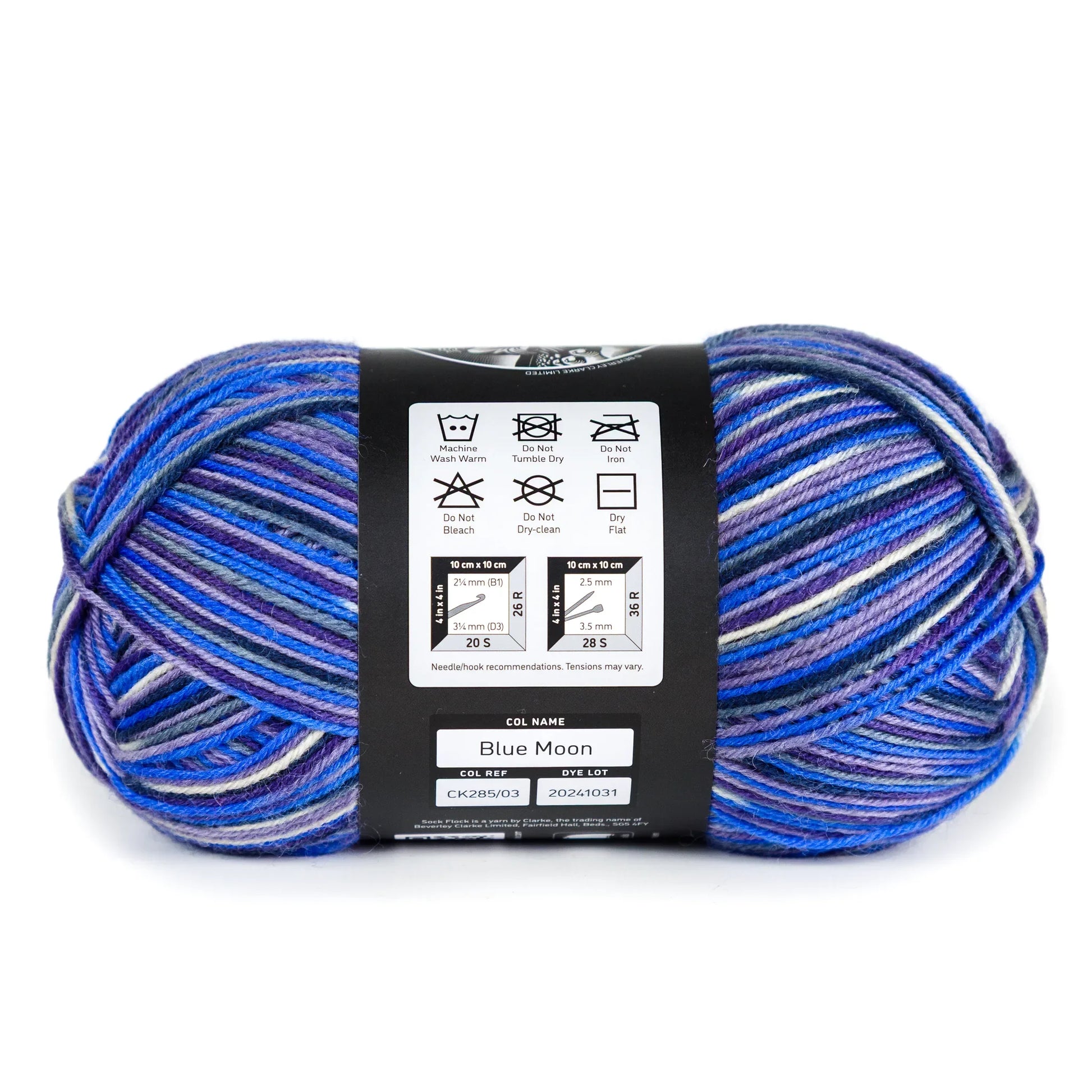 Side angle view of ‘Blue Moon’ Sock Flock yarn ball, label showing care instructions. Shot on white background.