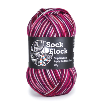 Sock Flock Superwash 4-ply Knitting Yarn (75% New Zealand Wool, 25% Nylon) - Raspberry Ripple (120g)