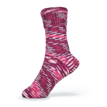 Left-foot mannequin sock made from Raspberry Ripple yarn, showing striping pattern on white background.