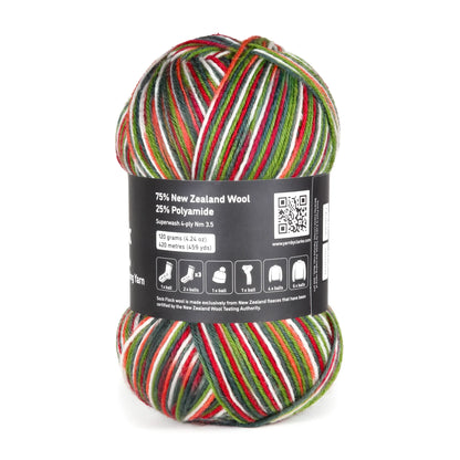 Rear-facing Apple Gala yarn ball photo on white background, label and care information clearly displayed.