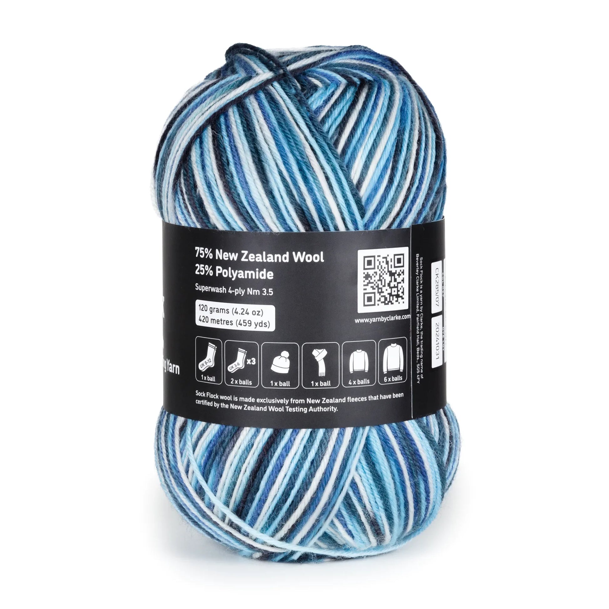 Back-facing Arctic Ocean yarn ball photo on white background, care instructions and content shown.