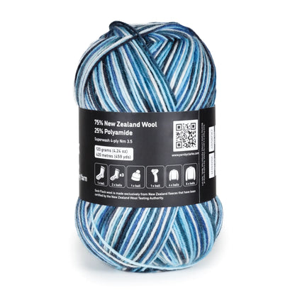 Back-facing Arctic Ocean yarn ball photo on white background, care instructions and content shown.