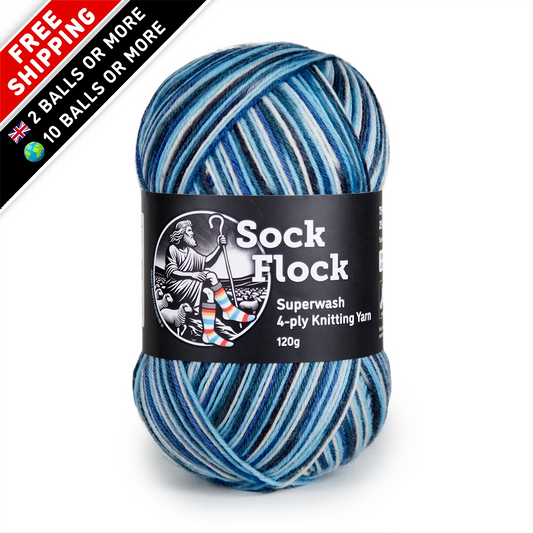 Front-facing hero image of Sock Flock ‘Arctic Ocean’ yarn ball, label crisp and colours true on white and free UK delivery on 2 balls or more, free international delivery on 10 balls or more corner flags.