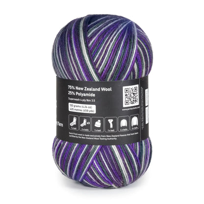 Rear label view of Purple Ivy yarn ball on white background, care instructions and blend information shown.