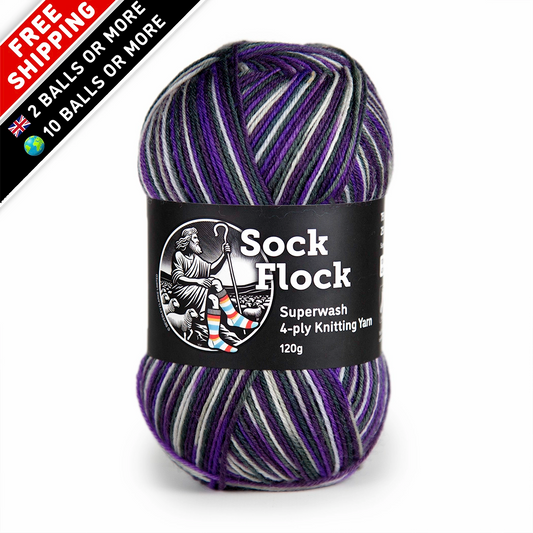 Front-facing hero image of Sock Flock ‘Purple Ivy’ yarn ball, label crisp and colours true on white and free UK delivery on 2 balls or more, free international delivery on 10 balls or more corner flags.