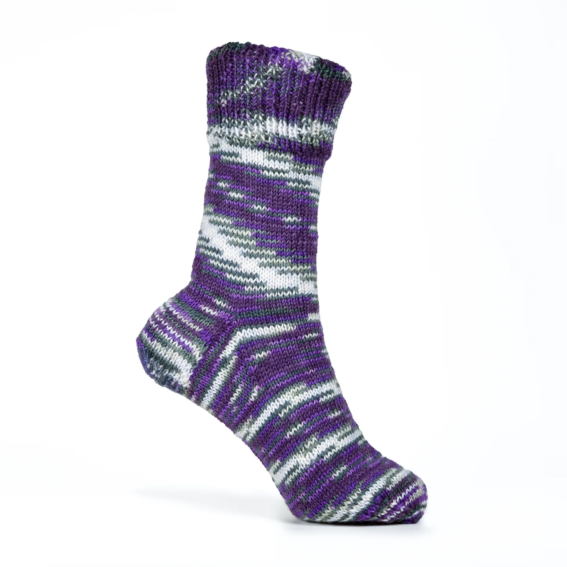 Right sock in Purple Ivy yarn, mannequin foot display showing bold striping and gothic undertones.