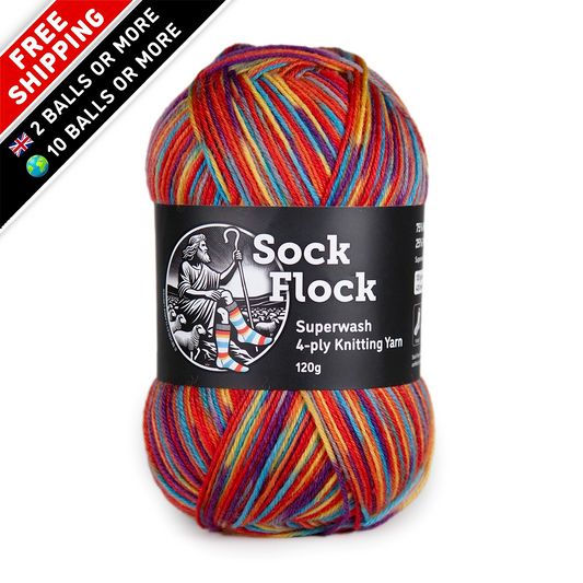 Front-facing hero image of Sock Flock ‘Rainbow Reef’ yarn ball, label crisp and colours true on white and free UK delivery on 2 balls or more, free international delivery on 10 balls or more corner flags.