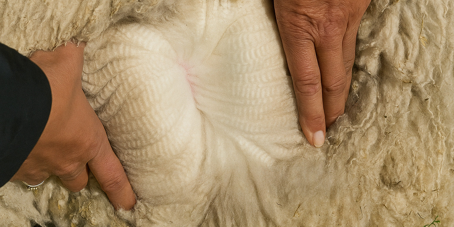 Hands parting the fleece of a sheep to reveal clean, tightly crimped New Zealand wool, showing fibre quality prior to testing.