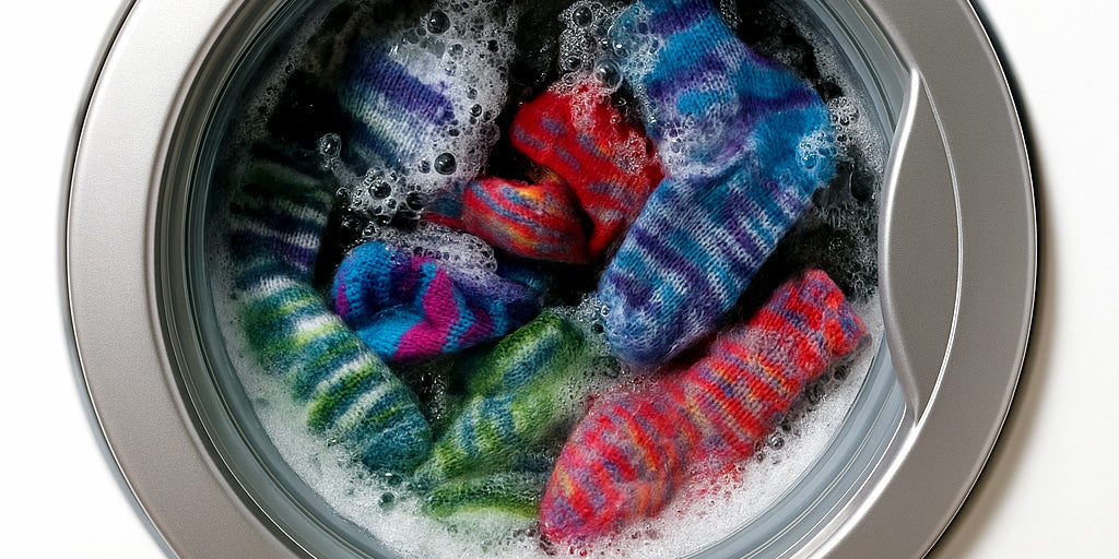 Closer view of selection of colourful Sock Flock socks in mid-wash cycle, visible through the glass door of a modern front-loading washing machine.