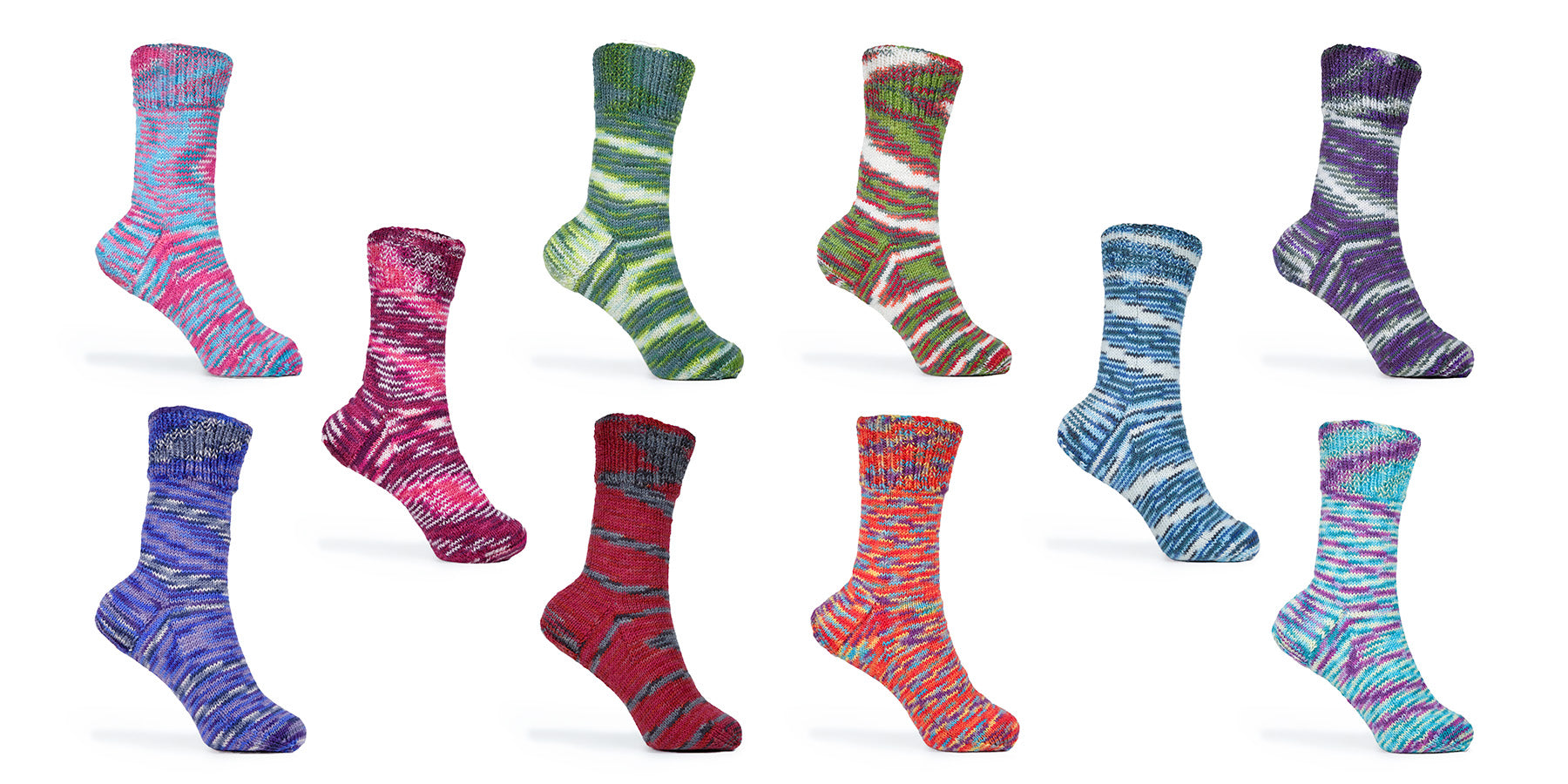 Display of all 10 Sock Flock colourways as fully knitted adult-sized socks, arranged against a white background to show the unique variegated striping of each yarn.
